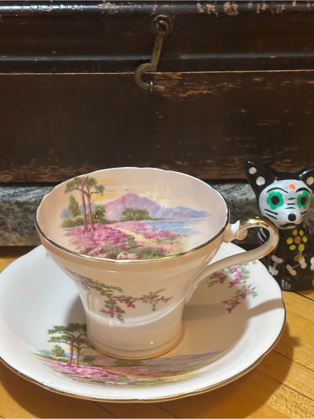 Bone China Teacup & Saucer Set in White with Pink Scenic Motif